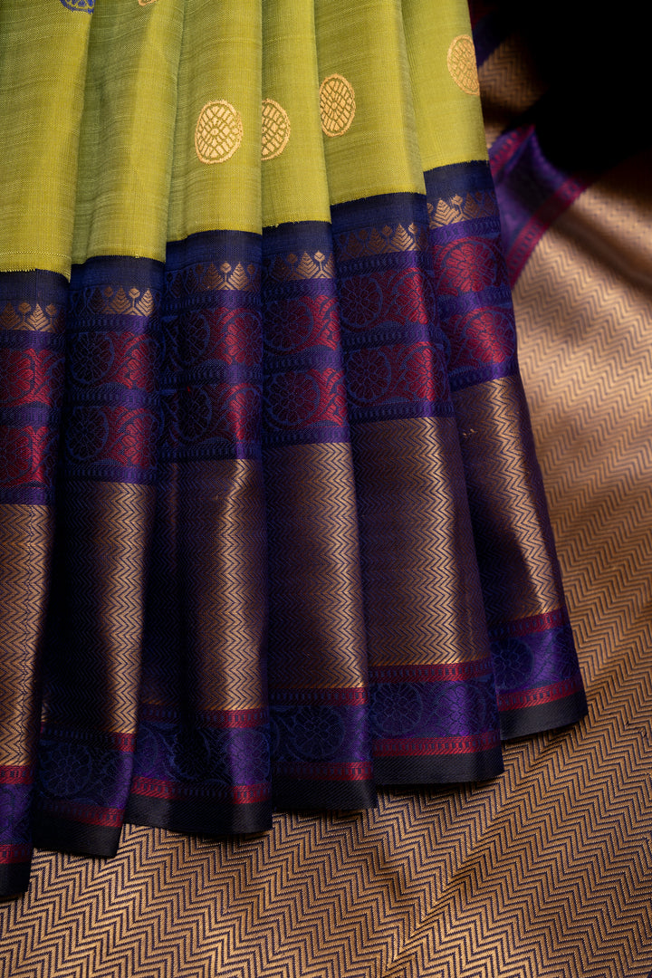Olive Green and Indigo Blue Pure Kanchipuram Silk Saree - Clio Silks