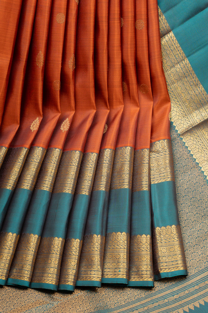 Rust Orange and Peacock Blue Pure Kanchipuram Silk Saree