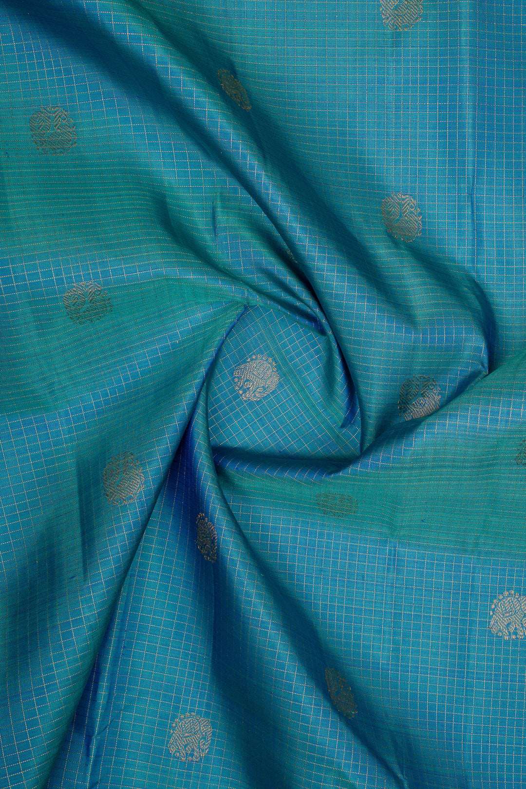 Peacock Blue Zari Checks Rettai Pettu Pure Kanchipuram Silk Saree