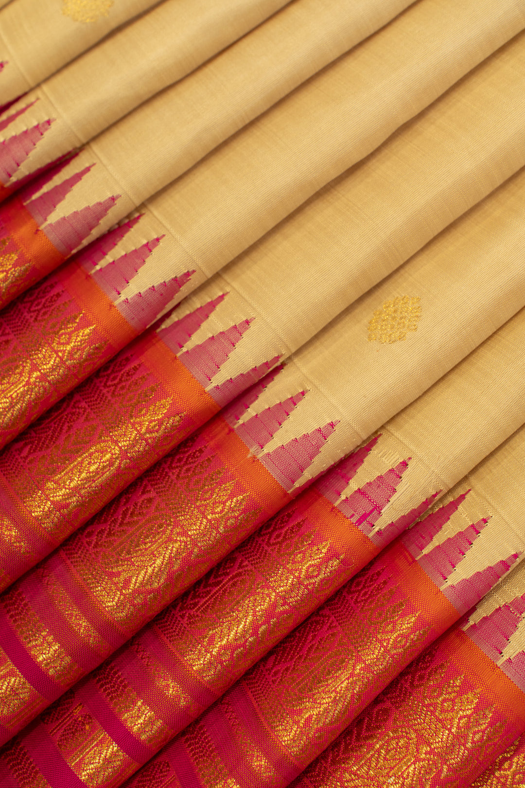 Beige and pink Varisaipettu pure Kanchipuram silk saree