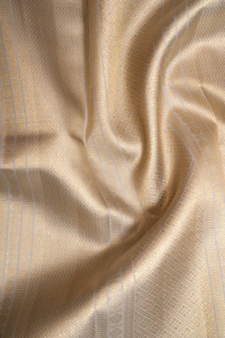 Steel Grey Zari Stripes Pure Kanchipuram Silk Saree - Clio Silks
