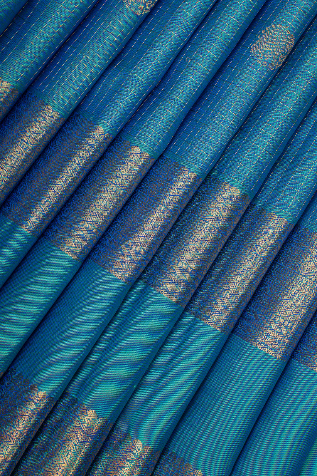 Peacock Blue Zari Checks Rettai Pettu Pure Kanchipuram Silk Saree