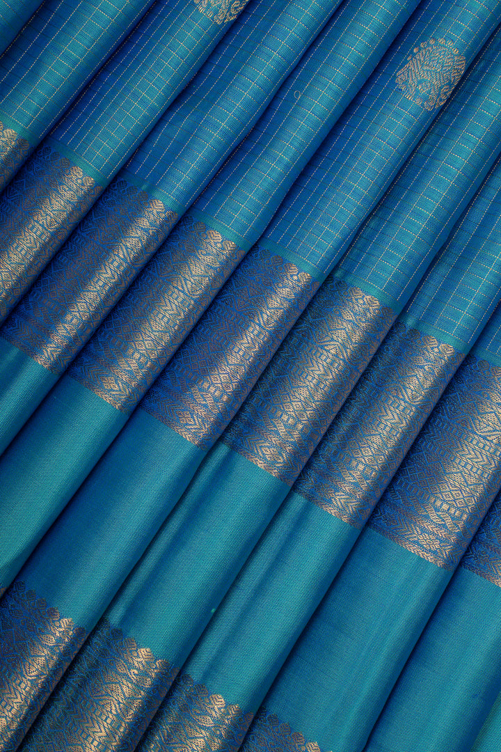 Peacock Blue Zari Checks Rettai Pettu Pure Kanchipuram Silk Saree