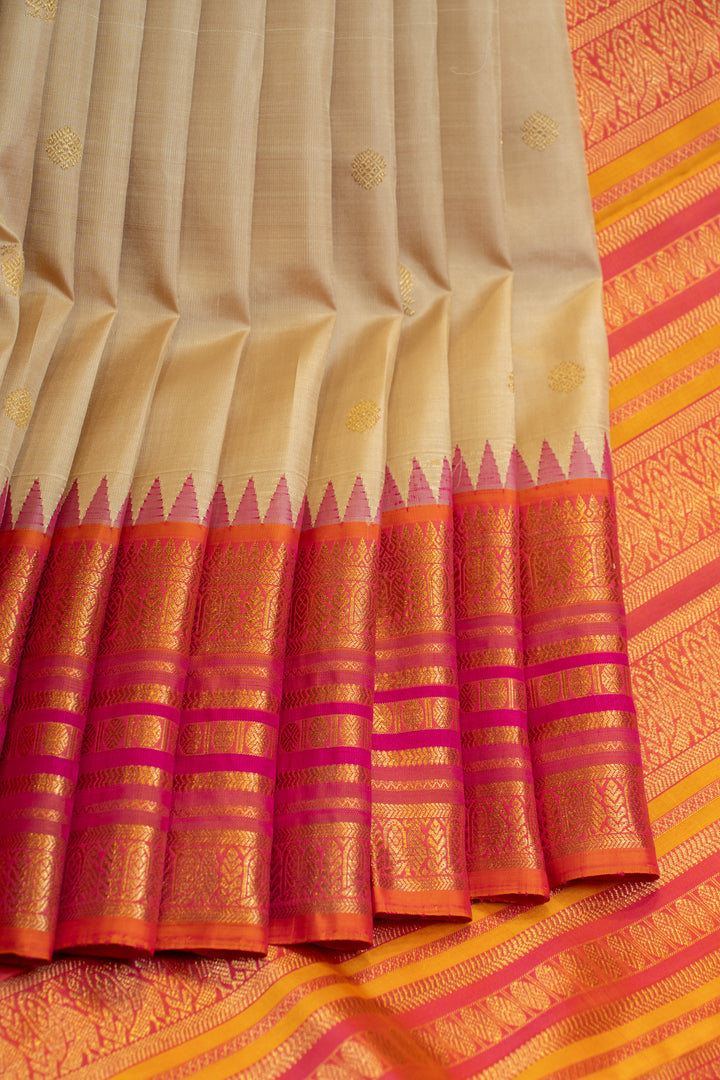 Beige and pink Varisaipettu pure Kanchipuram silk saree