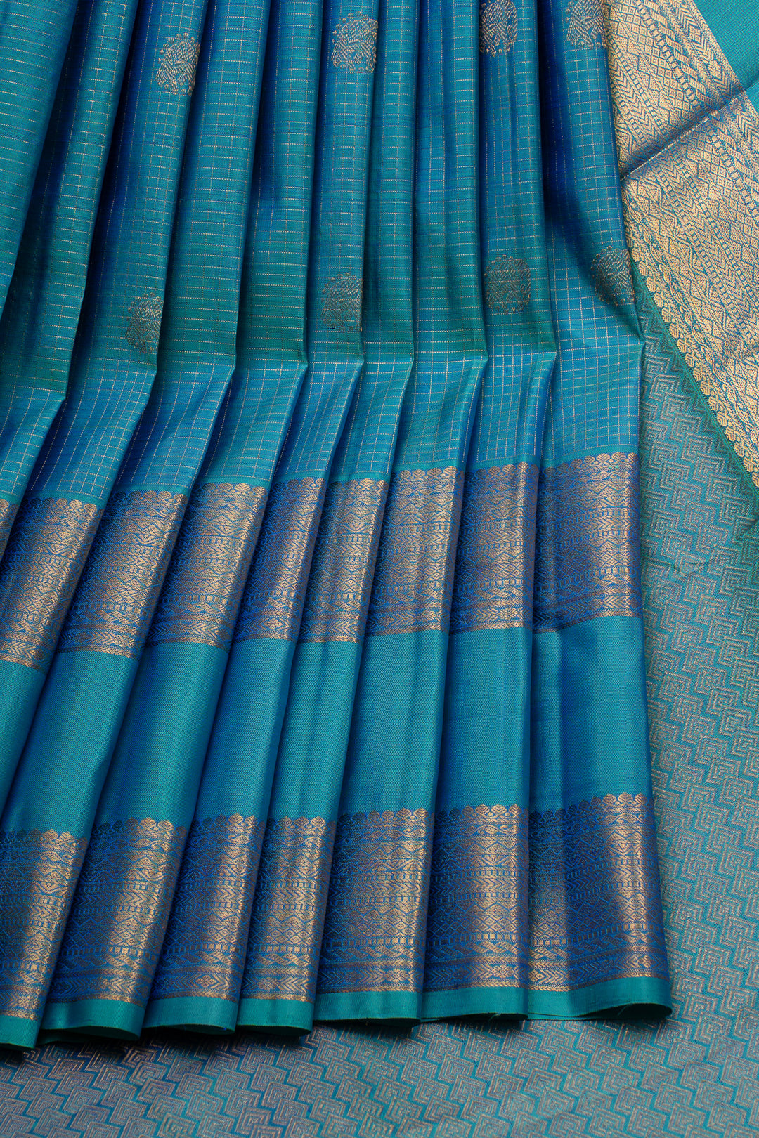Peacock Blue Zari Checks Rettai Pettu Pure Kanchipuram Silk Saree