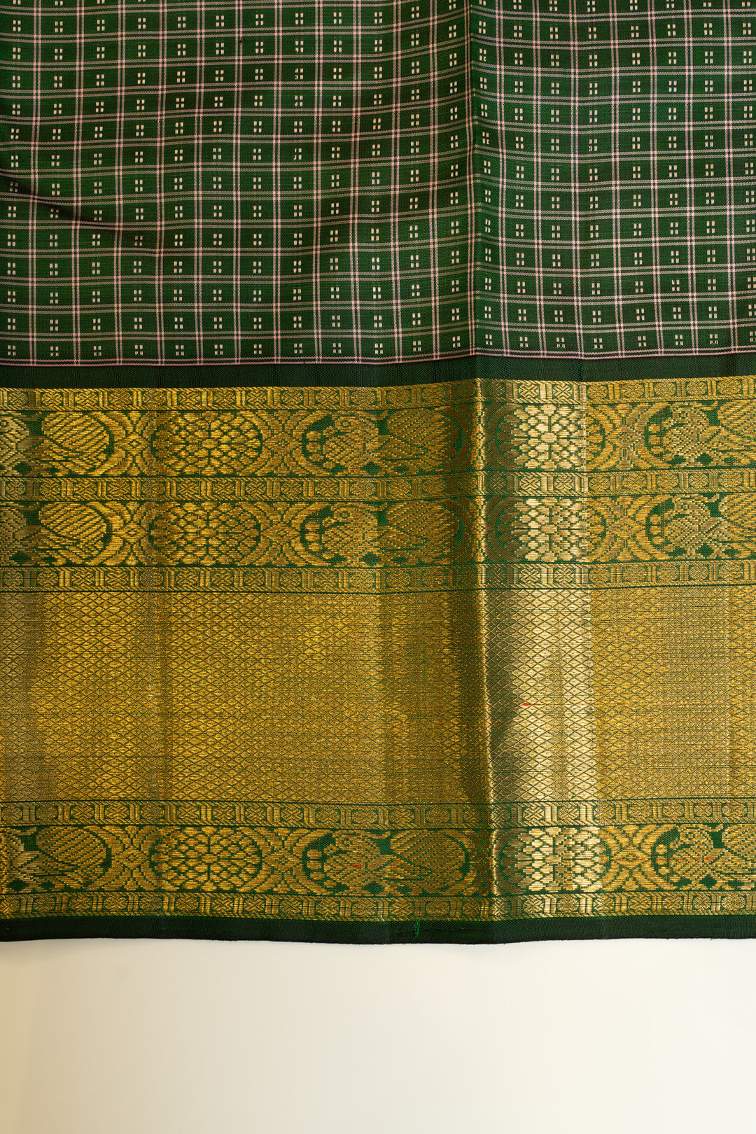 Pastel pink and bottle green traditional pure Kanchipuram silk saree