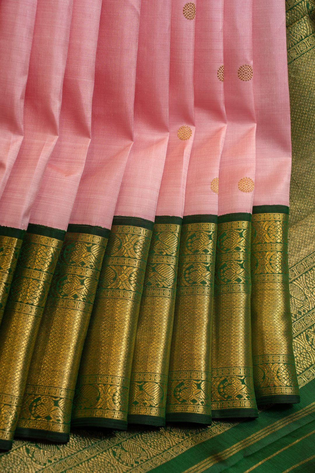 Pastel pink and bottle green traditional pure Kanchipuram silk saree
