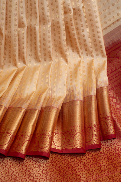 Pearl white and maroon lakshabutta pure Kanchipuram silk saree