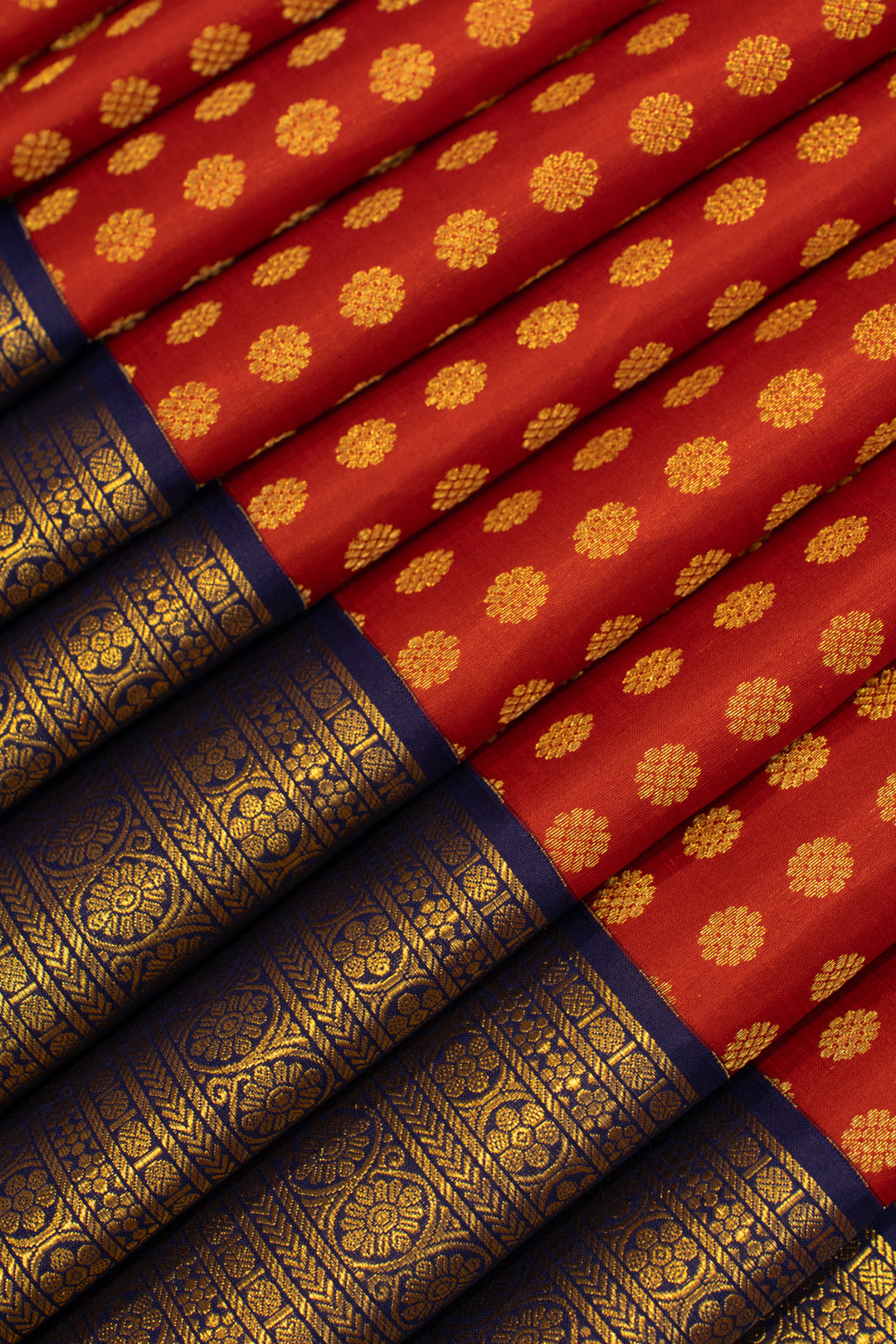 Carmine red and blue Laksha buttas pure Kanchipuram silk saree