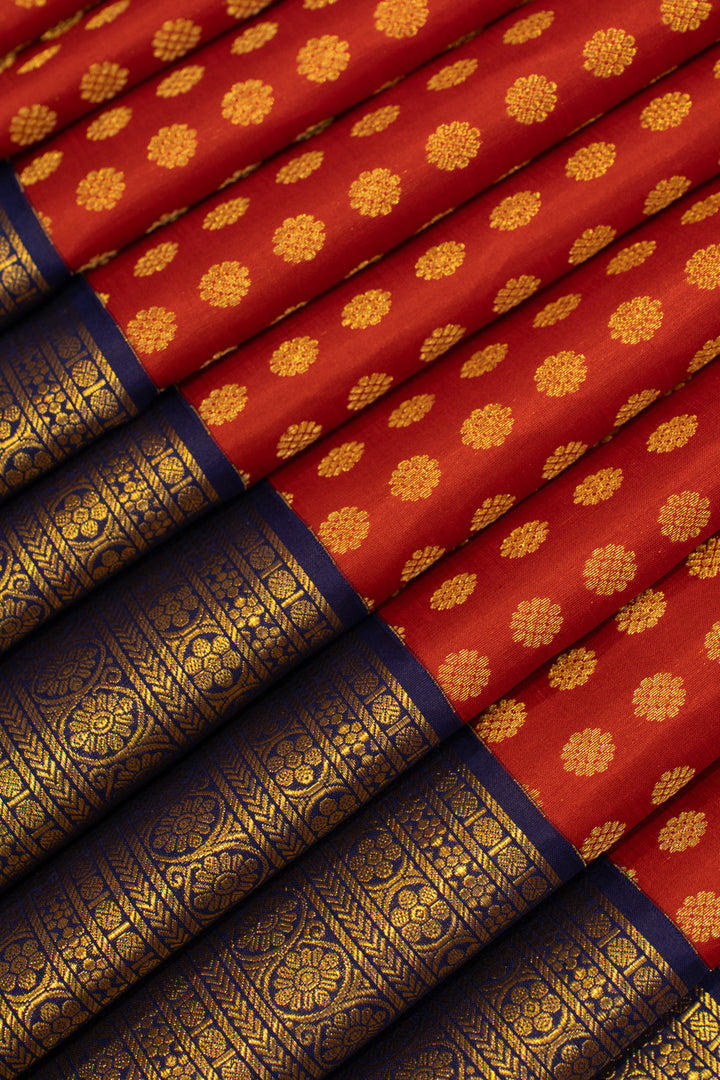 Carmine red and blue Laksha buttas pure Kanchipuram silk saree