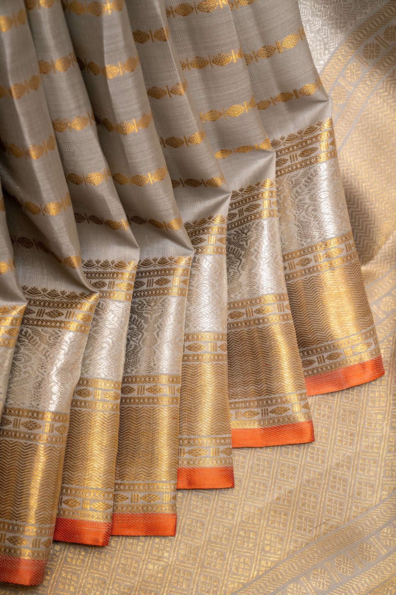 Steel Grey Zari Stripes Pure Kanchipuram Silk Saree - Clio Silks