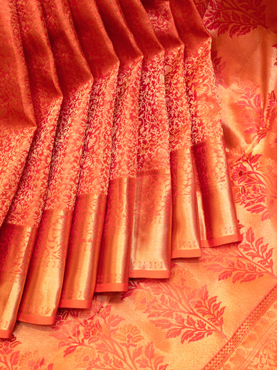 Orange Floral Brocade Pure Kanchipuram Silk Saree