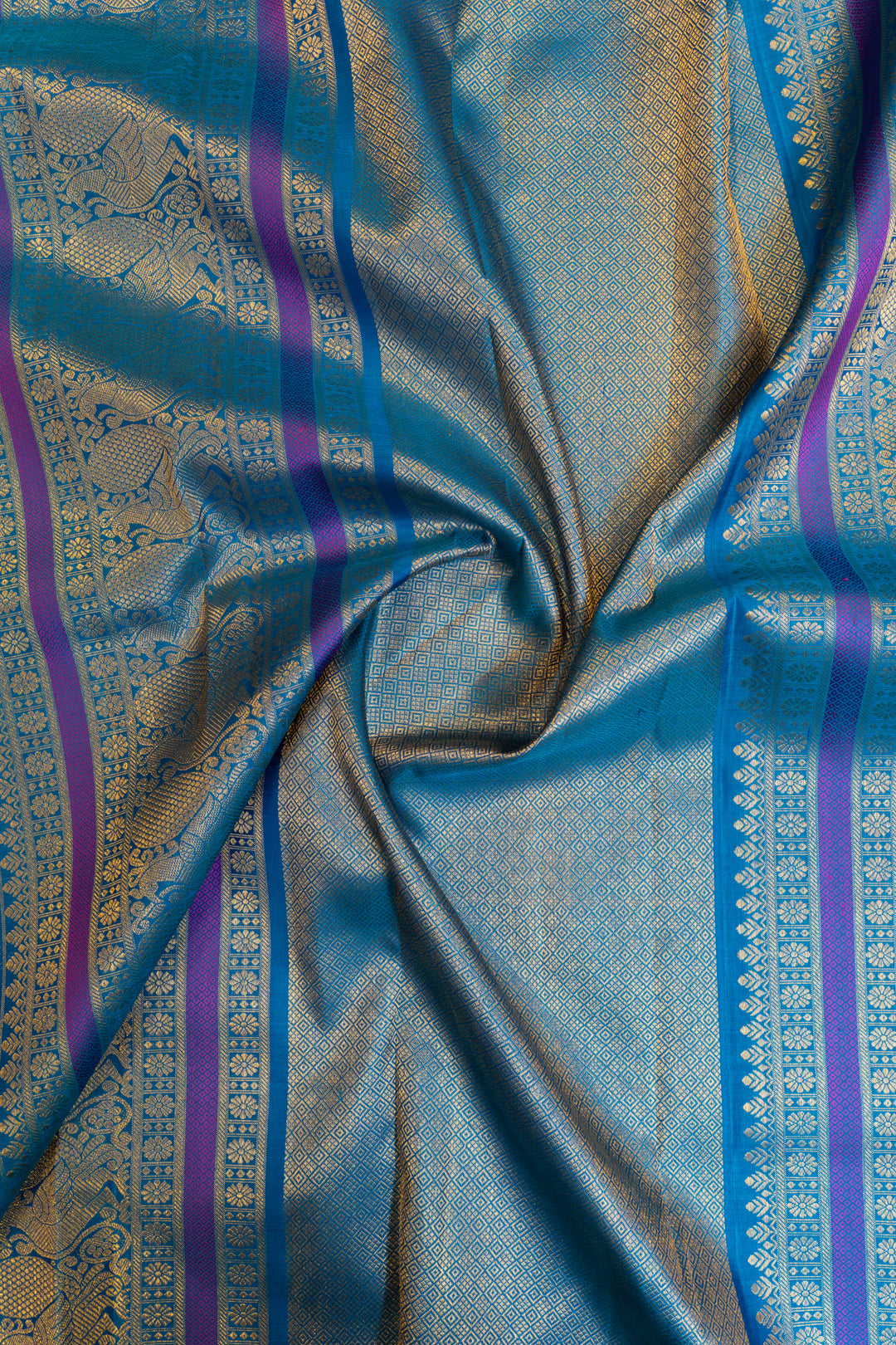 Beige and anandha blue self stripes pure Kanchipuram silk saree