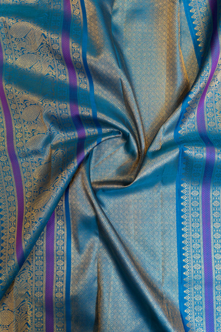 Beige and anandha blue self stripes pure Kanchipuram silk saree