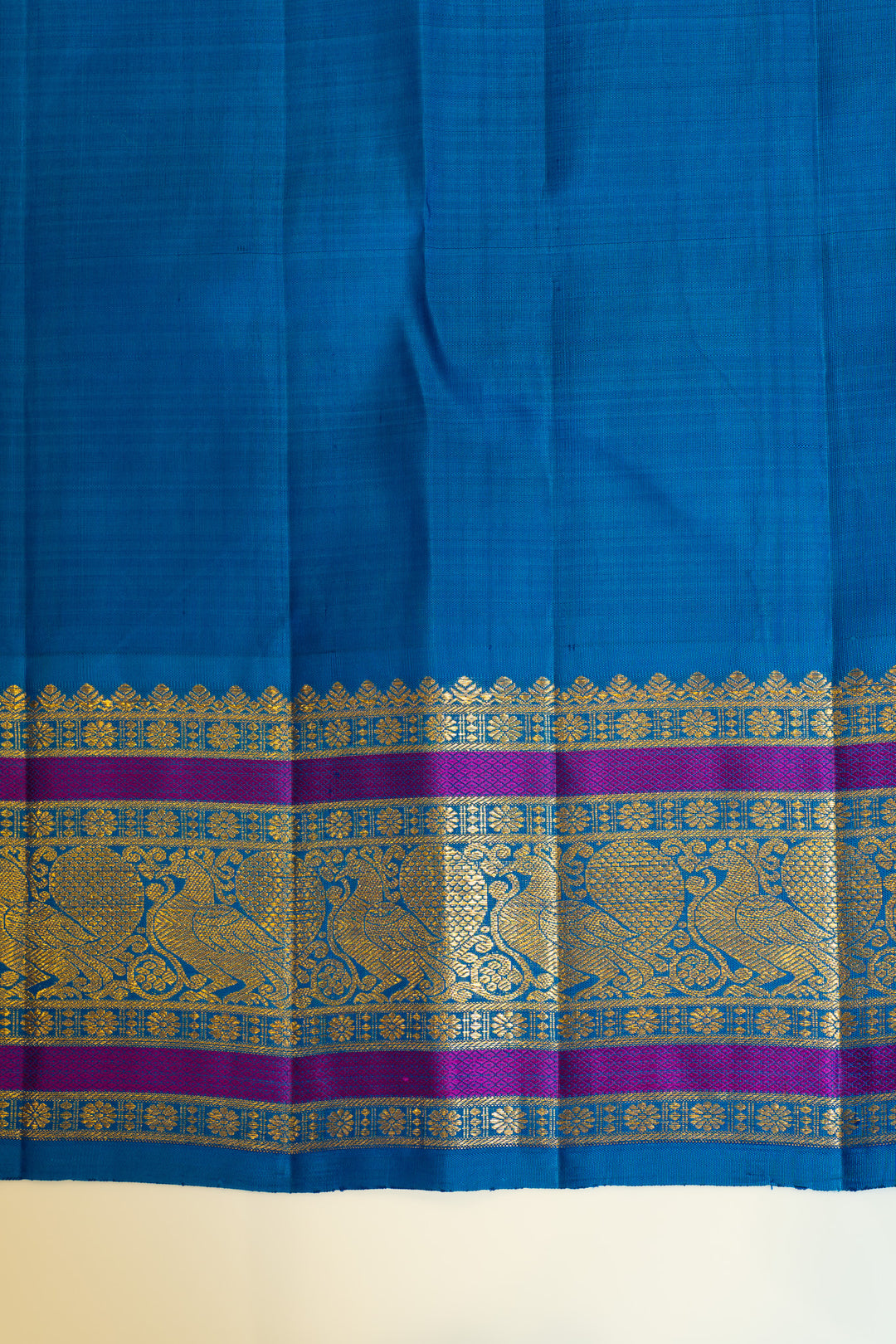 Beige and anandha blue self stripes pure Kanchipuram silk saree