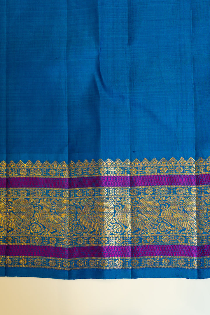 Beige and anandha blue self stripes pure Kanchipuram silk saree