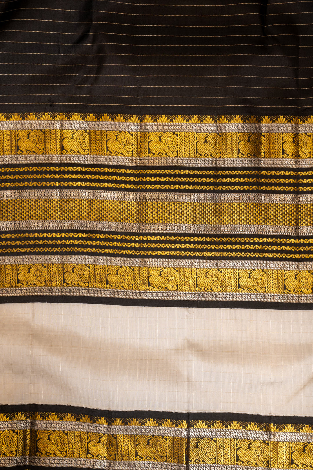 Pearl White and Black Zari Checks Pure Kanchipuram Silk Saree - Clio Silks
