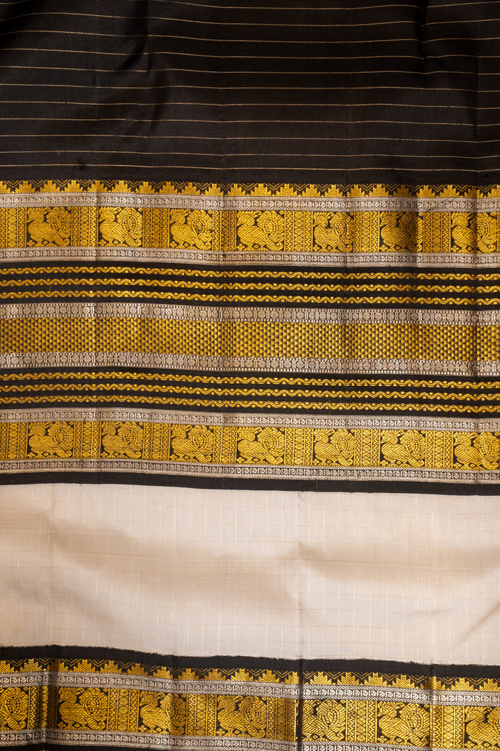 Pearl White and Black Zari Checks Pure Kanchipuram Silk Saree - Clio Silks