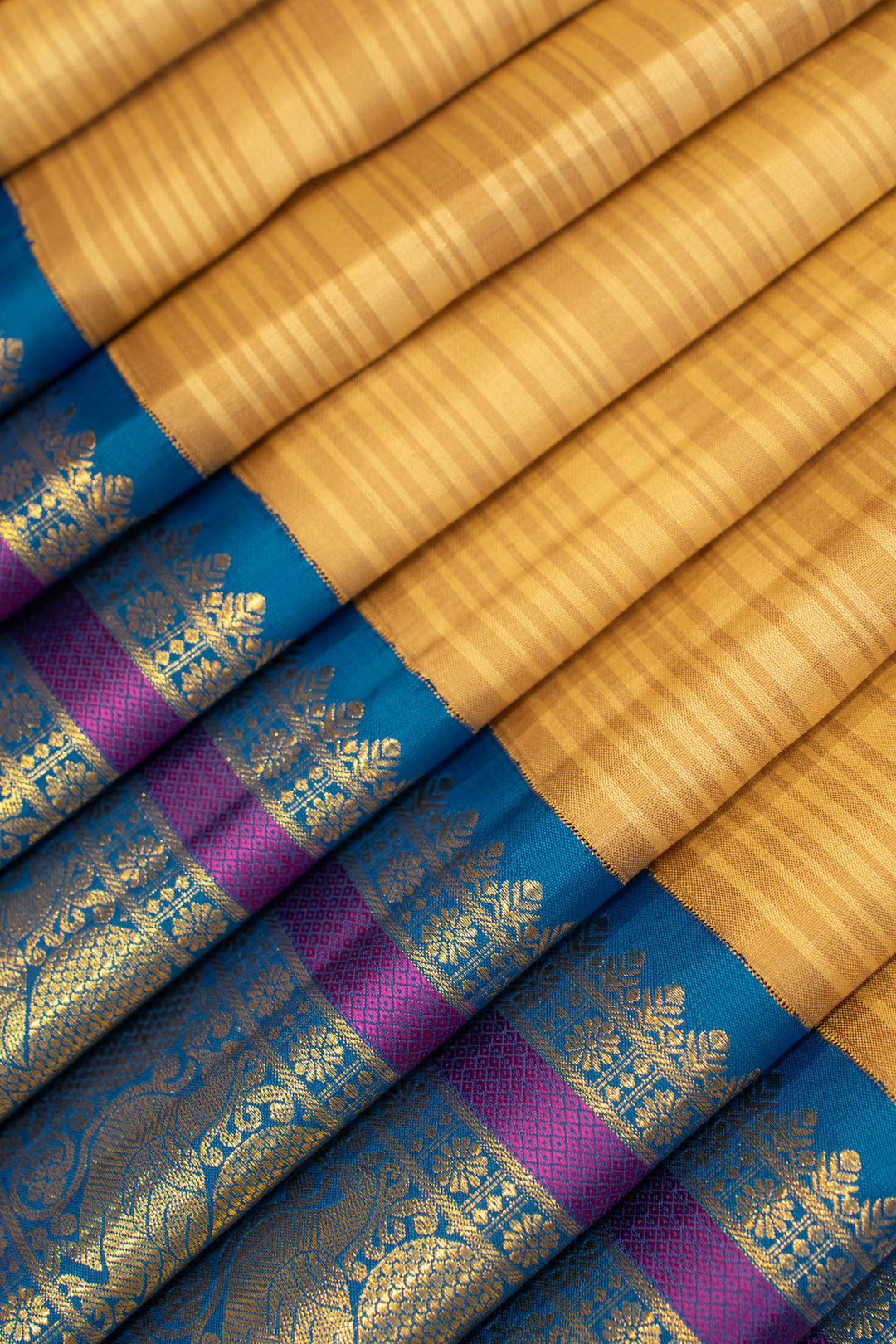 Beige and anandha blue self stripes pure Kanchipuram silk saree
