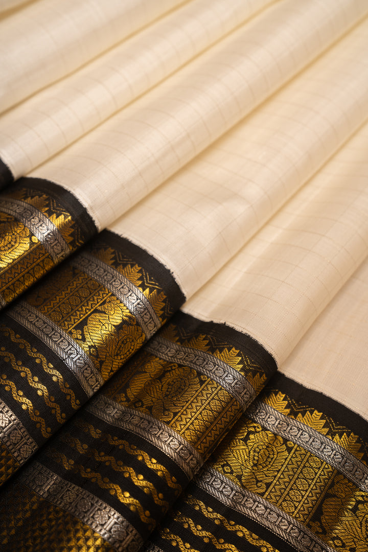 Pearl White and Black Zari Checks Pure Kanchipuram Silk Saree - Clio Silks
