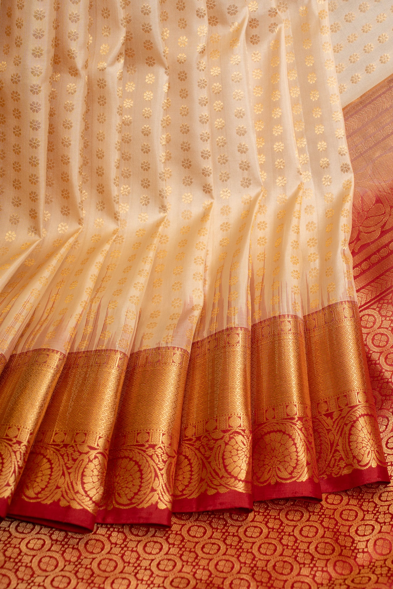 Pearl white and maroon Laksha butta pure Kanchipuram silk saree