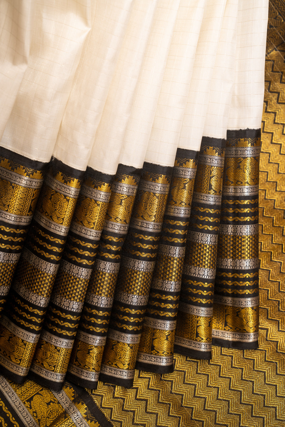 Pearl White and Black Zari Checks Pure Kanchipuram Silk Saree - Clio Silks