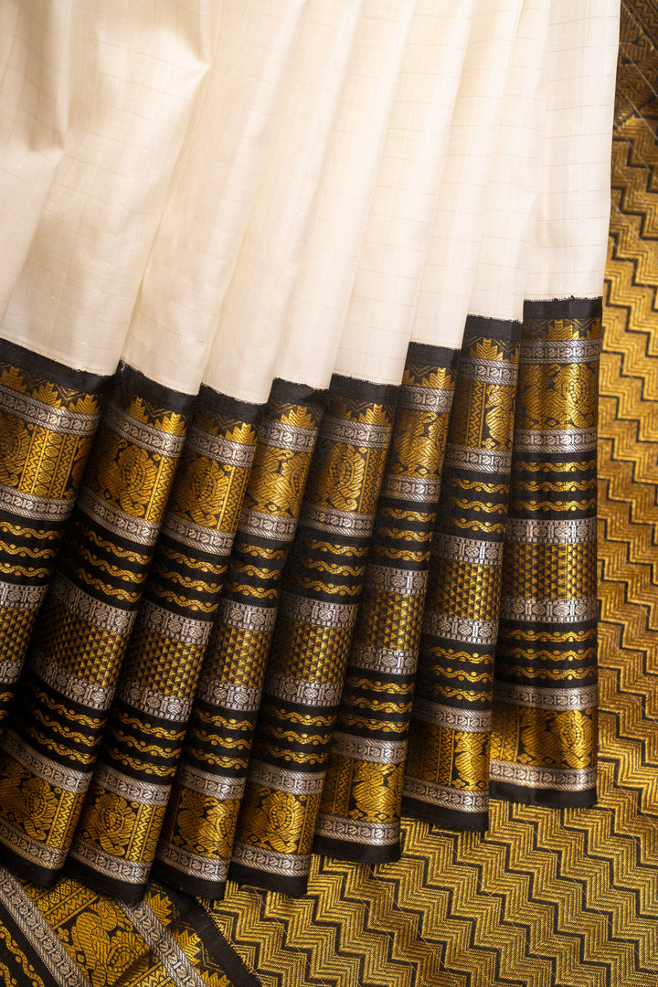 Pearl White and Black Zari Checks Pure Kanchipuram Silk Saree - Clio Silks
