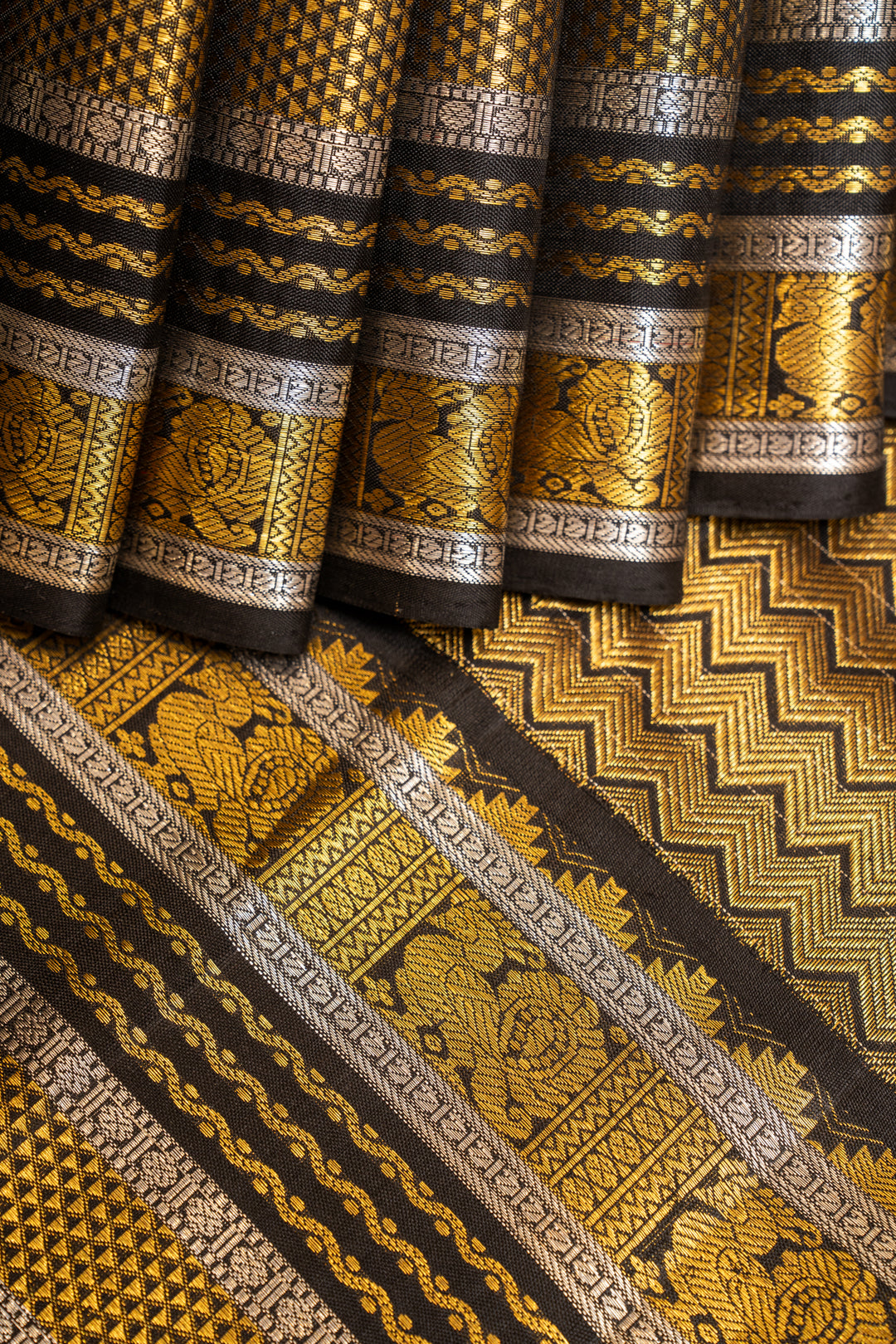 Pearl White and Black Zari Checks Pure Kanchipuram Silk Saree - Clio Silks