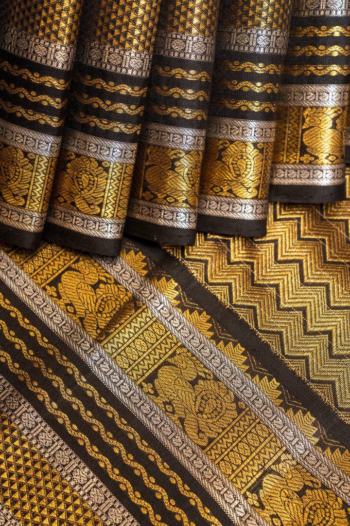 Pearl White and Black Zari Checks Pure Kanchipuram Silk Saree - Clio Silks