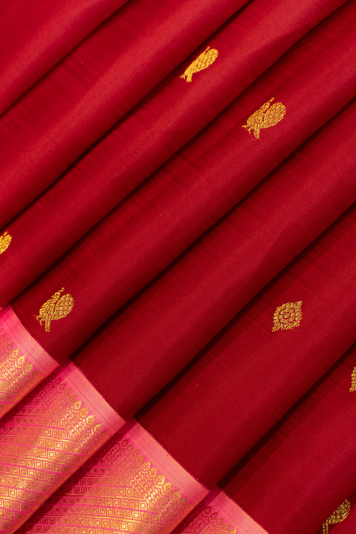 Red and pink small border pure Kanchipuram silk saree