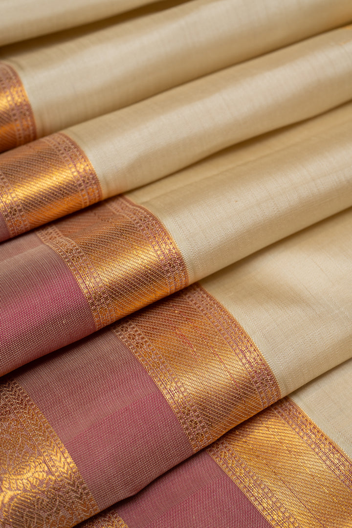 Champagne Cream and Pink Pure Kanchipuram Silk Saree - Clio Silks