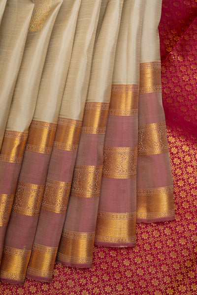 Champagne Cream and Pink Pure Kanchipuram Silk Saree - Clio Silks