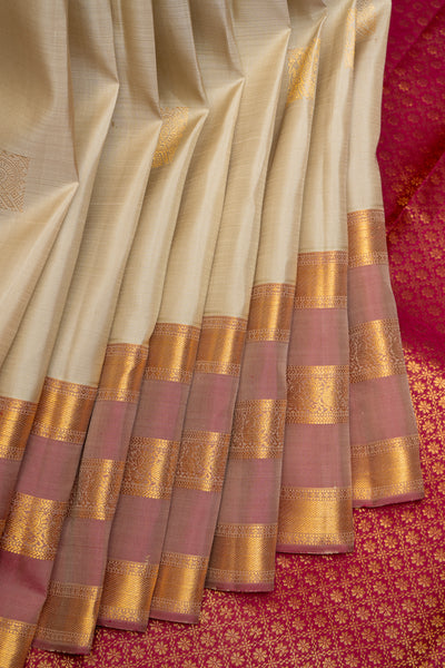 Champagne Cream and Pink Pure Kanchipuram Silk Saree - Clio Silks