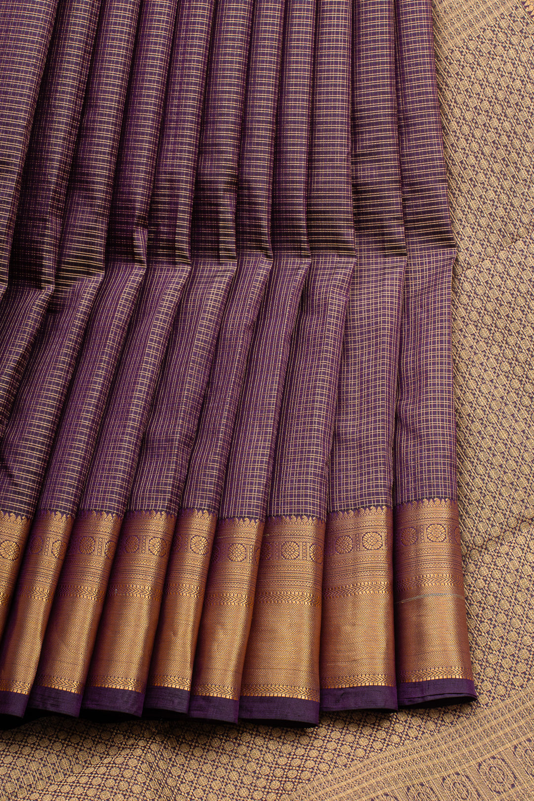 Aubergine Zari Checks Pure Kanchipuram Silk Saree