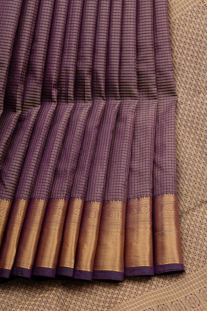 Aubergine Zari Checks Pure Kanchipuram Silk Saree