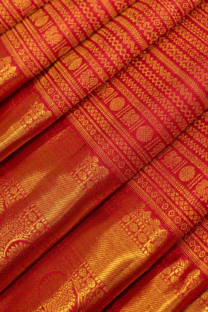 Reddish pink zari stripes brocade pure Kanchipuram Silk saree
