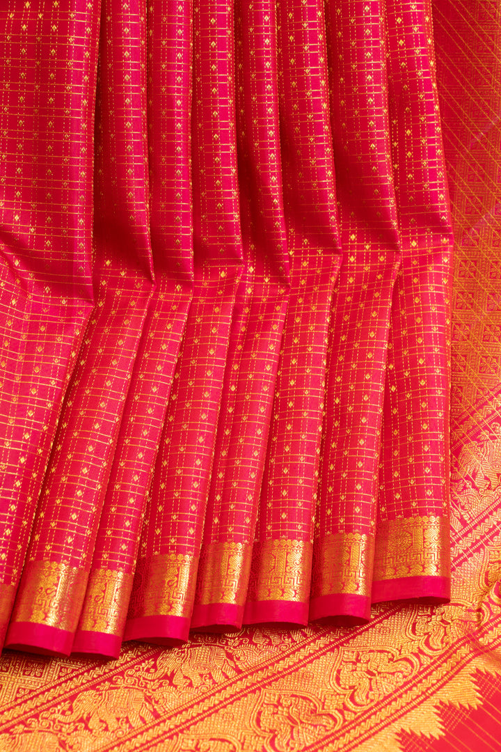Magenta pink muthuzari checks pure Kanchipuram silk saree