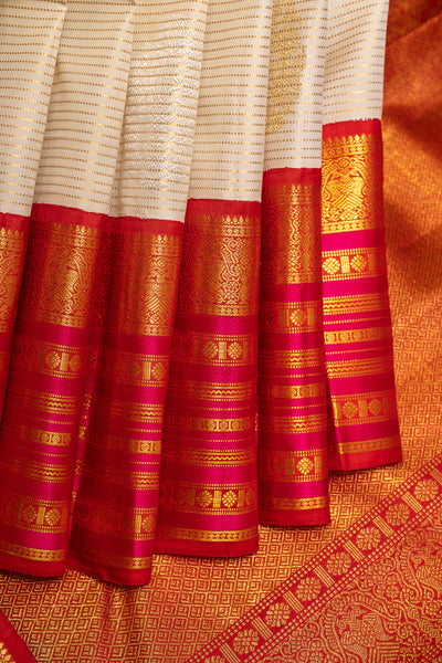 Ivory Zari Stripes Pure Kanchipuram Silk Saree - Clio Silks