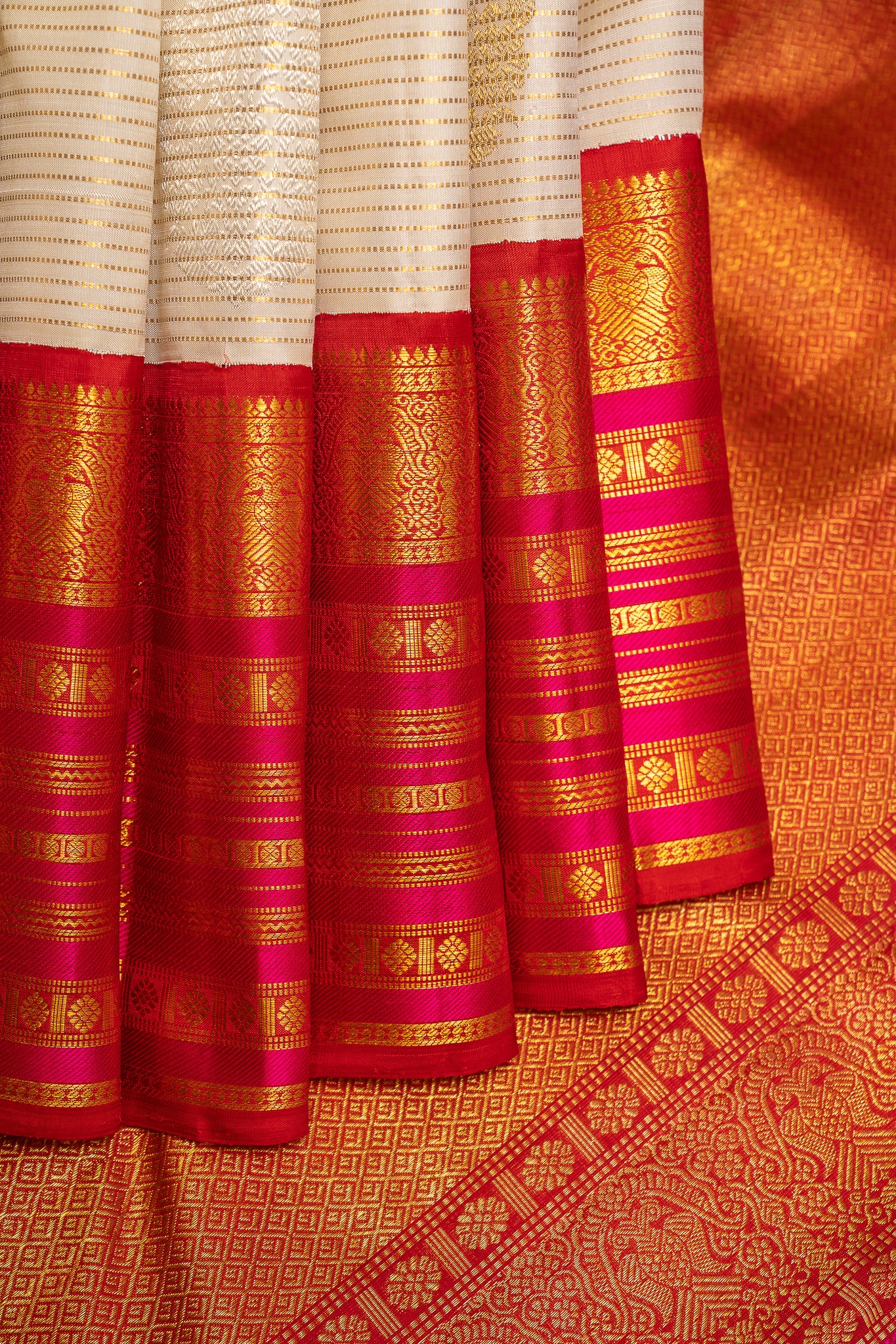 Ivory Zari Stripes Pure Kanchipuram Silk Saree - Clio Silks