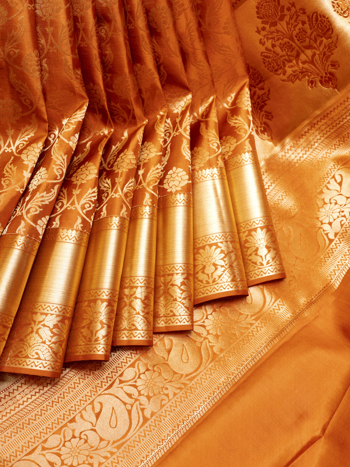 Rust Orange Floral Brocade Pure Kanchipuram Silk Saree