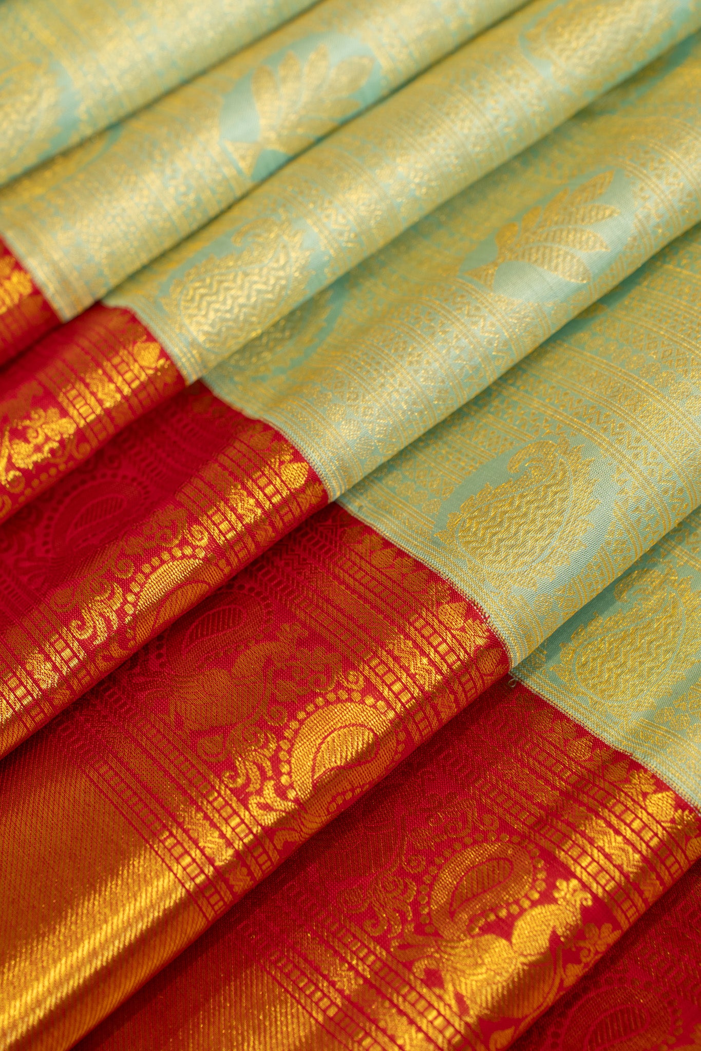 Turquoise blue and red brocade pure Kanchipuram Silk saree