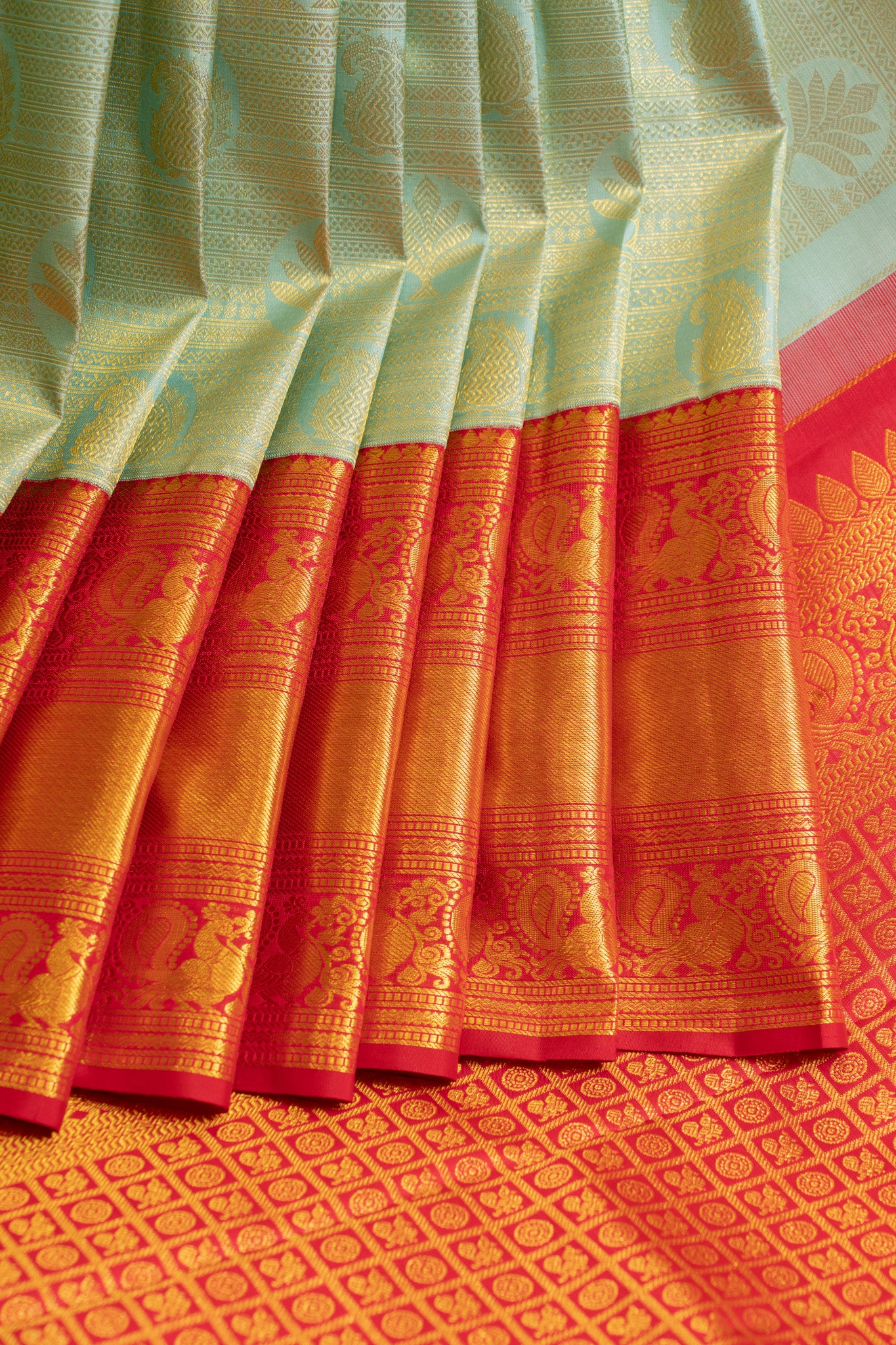 Turquoise blue and red brocade pure Kanchipuram Silk saree