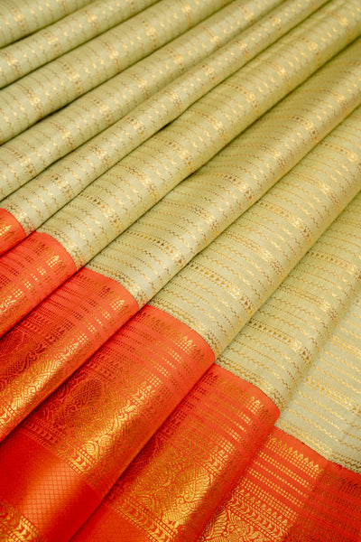 Apple Green Zari Stripes Pure Kanchipuram Silk Saree - Clio Silks