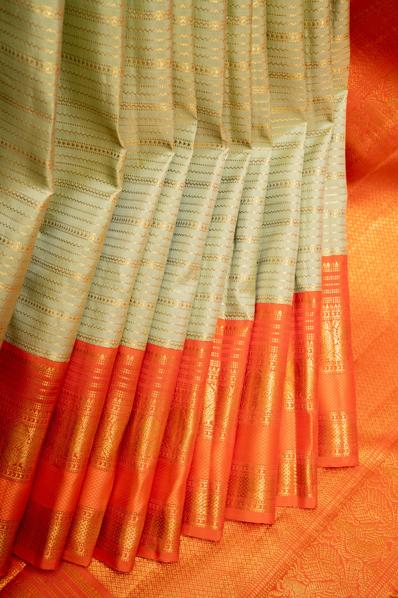 Apple Green Zari Stripes Pure Kanchipuram Silk Saree - Clio Silks