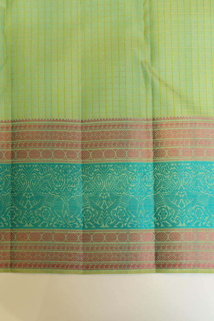 Mint green thread checks pure Kanchipuram silk saree