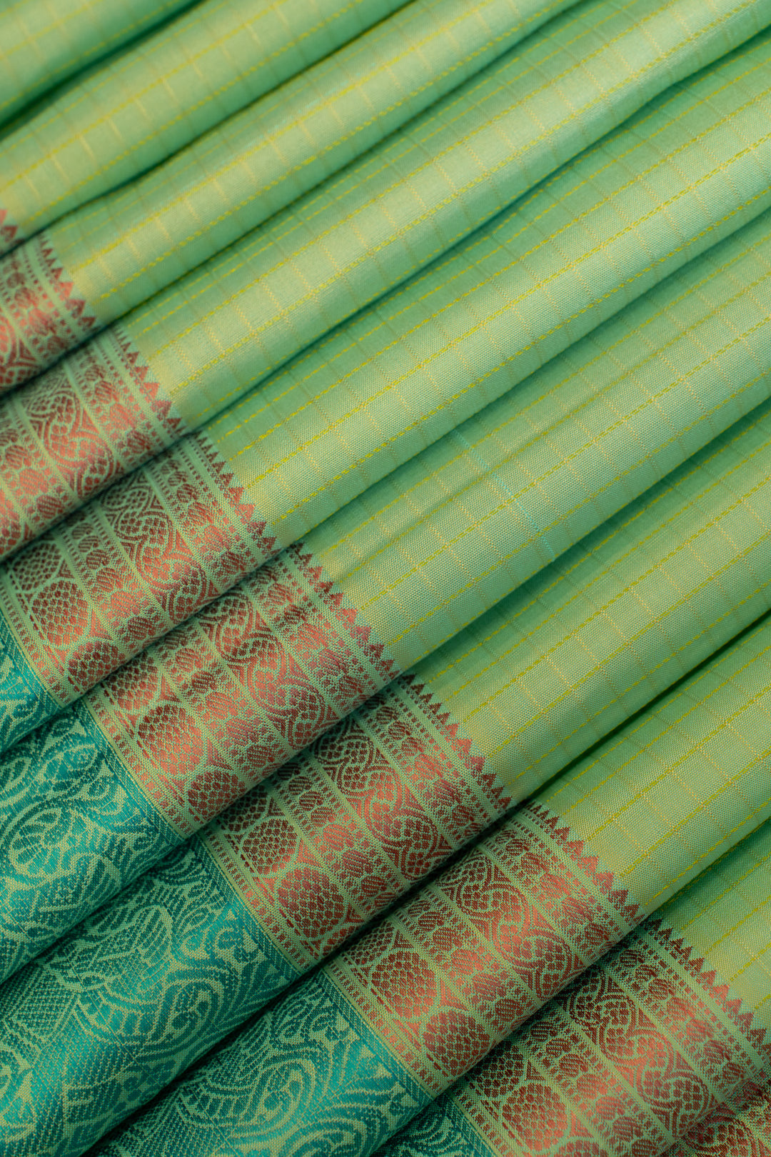 Mint green thread checks pure Kanchipuram silk saree