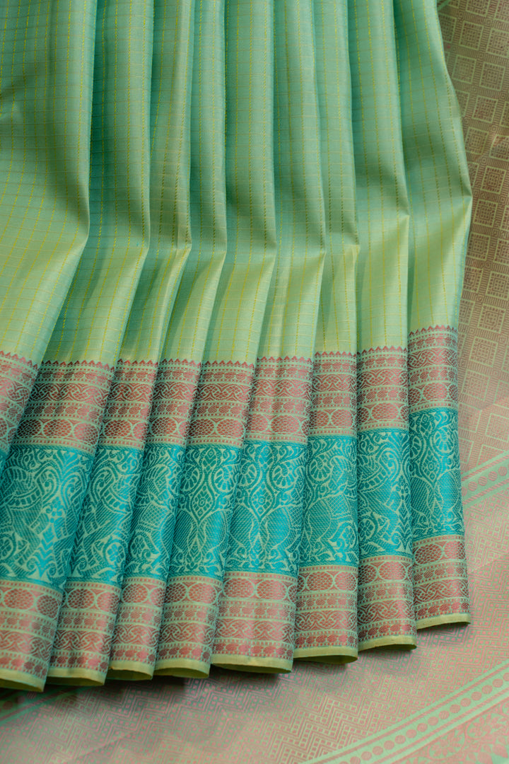 Mint green thread checks pure Kanchipuram silk saree