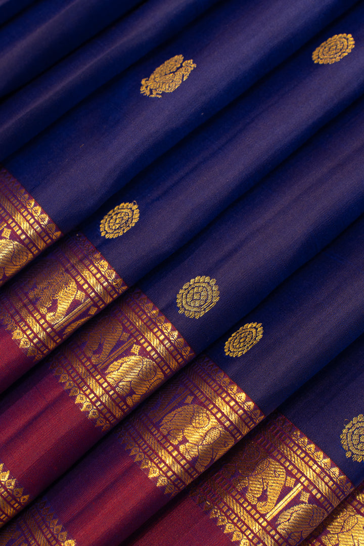 Indigo blue and magenta traditional pure Kanchipuram silk saree