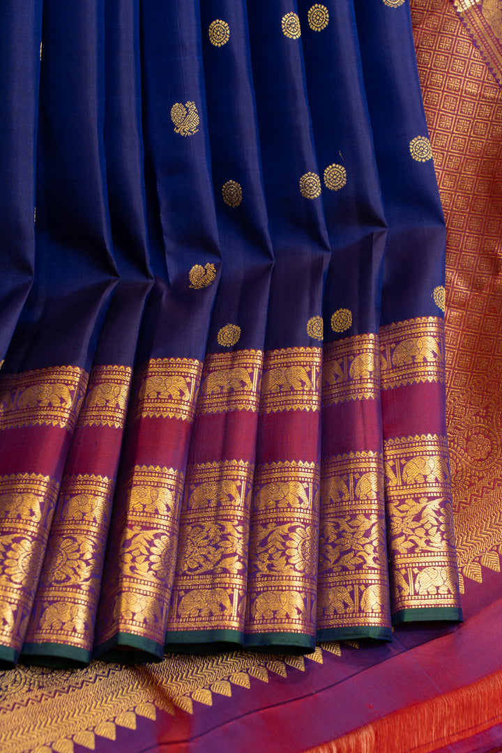 Indigo blue and magenta traditional pure Kanchipuram silk saree