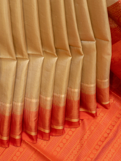 Beige and orange pure soft silk saree